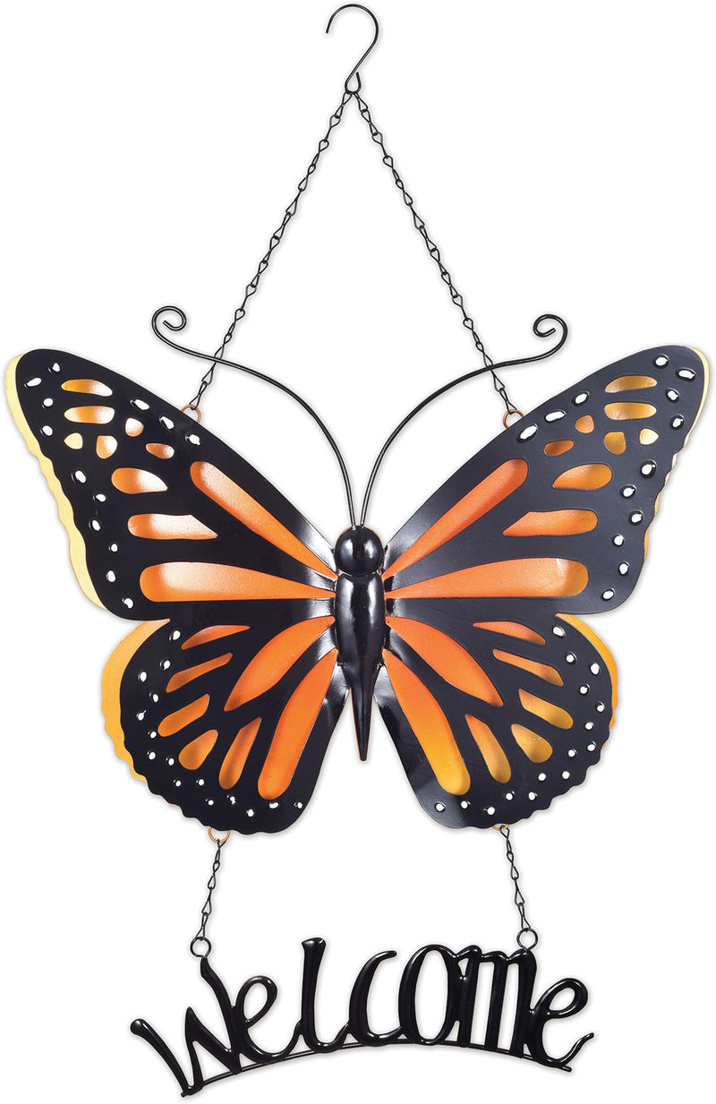 Sunset Vista Designs Home Décor - Large Handcrafted Metal Butterfly Welcome Sign for Front Door Patio or Porch, Orange Monarch