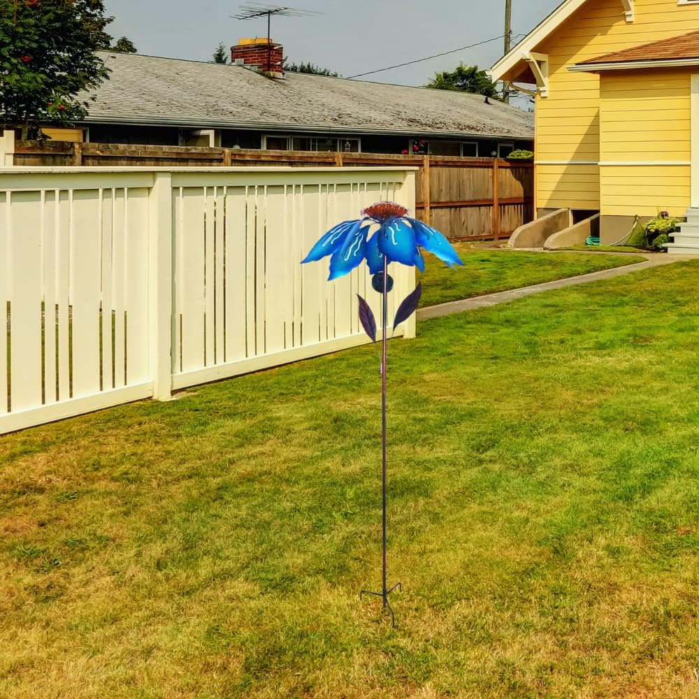Comfy Hour Seed Soil and Yard Collection 58" Height Blue Leaves Metal Art Spinner with Solar Light Garden Stake