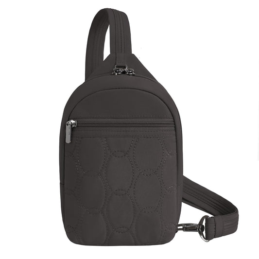 Travelon Handbag, 5.75”W X 8.5”H X 2.75”D, Smoke