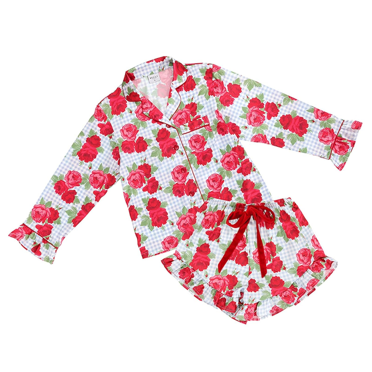 Bella Sleep + Spa Pajamas, Small, Blue Gingham + Red Roses