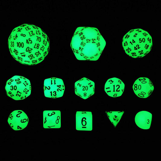 Bescon Dice Super Glowing in Dark Complete Polyhedral RPG Dice Set 13pcs D3-D100, Luminous 100 Sides Dice Set