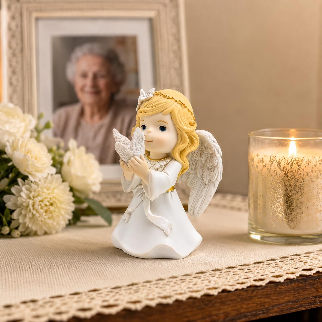 Comfy Hour Praying Girl Communion Collection Kneeling Girl Angel and Peace Dove Figurine Keepsake My First Communion, Polyresin