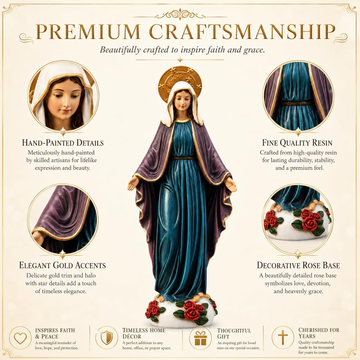 Comfy Hour 9 Inch Mary Statue, Virgin Mary Figurine with Roses