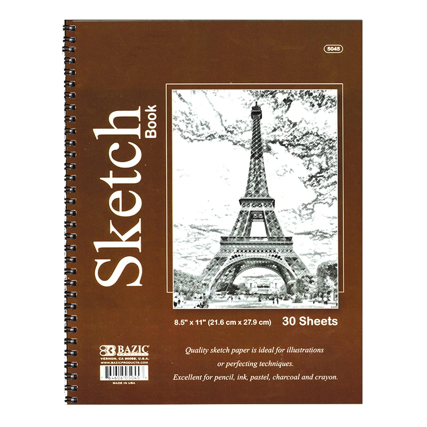Bazic Spiral Bound Premium Sketch Book, 8.5 x 11 Inches, 30 Sheets (1 Book), (5045)