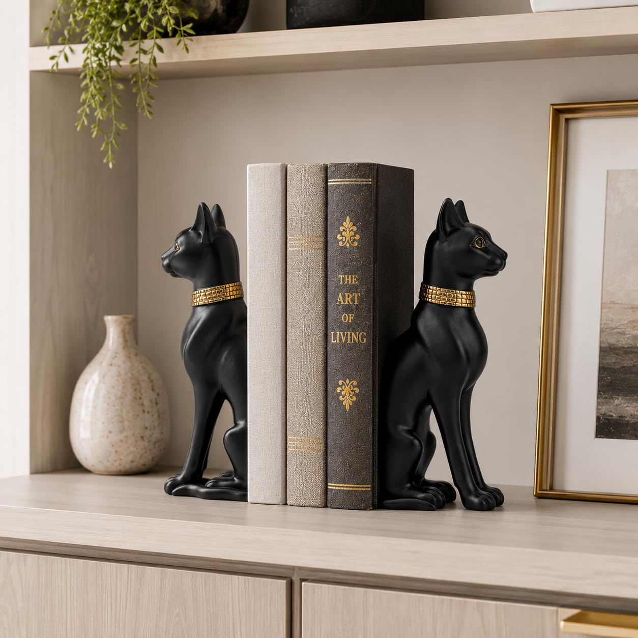 Comfy Hour Farmhouse Home Decor Collection Polyresin Solid Heavy Set of L/R Egyptian Cats Art Bookends, 1 Pair, Black