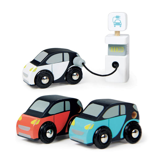Tender Leaf Toys - Smart Car Set - 3 Pretend Electric Wooden Smart Cars with Charging Unit - Open-Ended Play Toy for Age 18m+