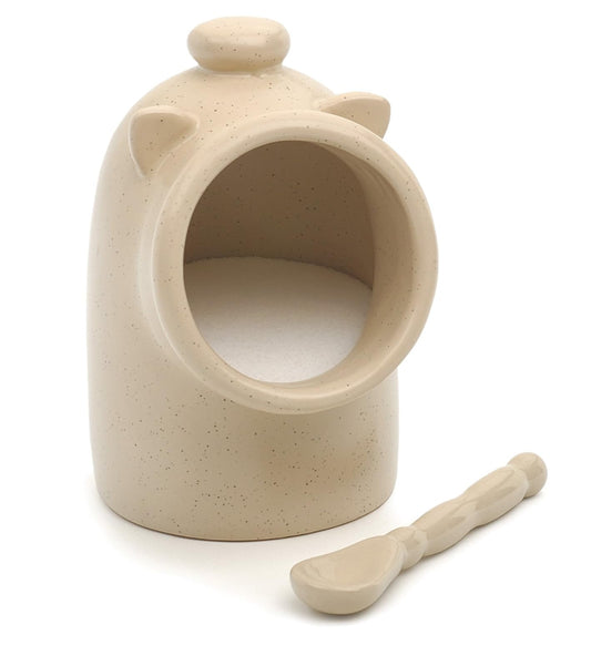 RSVP International OAT Stoneware Pig Keeper w/Spoon | Cute Addition to Your Kitchen | Holds 6 Ounces of Salt | Wide Opening for Easy Use | Dishwasher Safe, Oatmeal