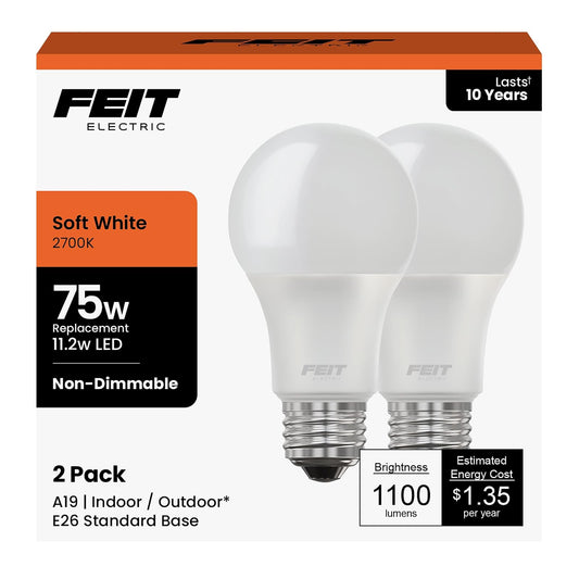 Feit Electric A1100/827/10KLED/2 75W Equivalent 11.2 Watt Non-Dimmable 1100 Lumen A19 LED Light Bulb 2-Pack, 2 Pack, 2700K Soft White, 2