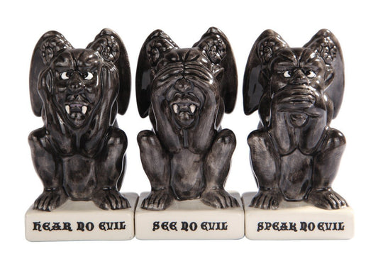 Pacific Trading Attractives! Trio Gothic Gargoyles See Hear Speak no Evil Ceramic Salt Pepper Shakers and Toothpick Holder