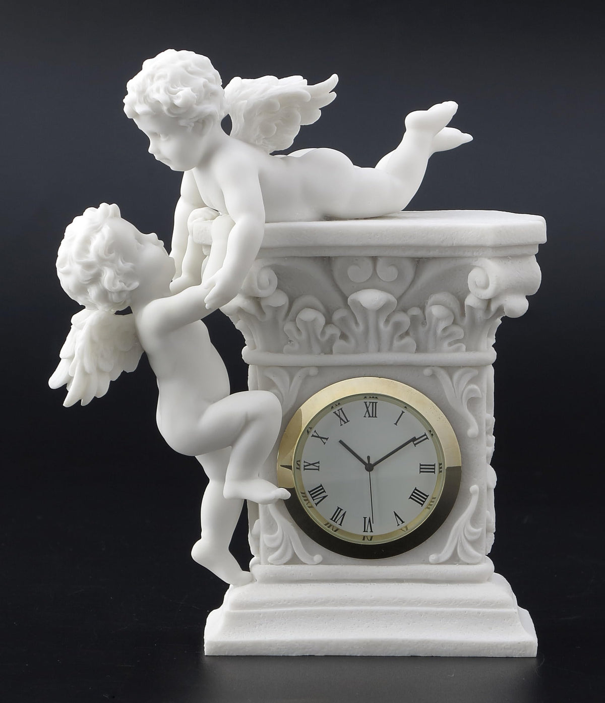 Veronese Design 6 1/2 Inch Cherub Playtime Mantle Clock Resin Sculpture Marble White Finish