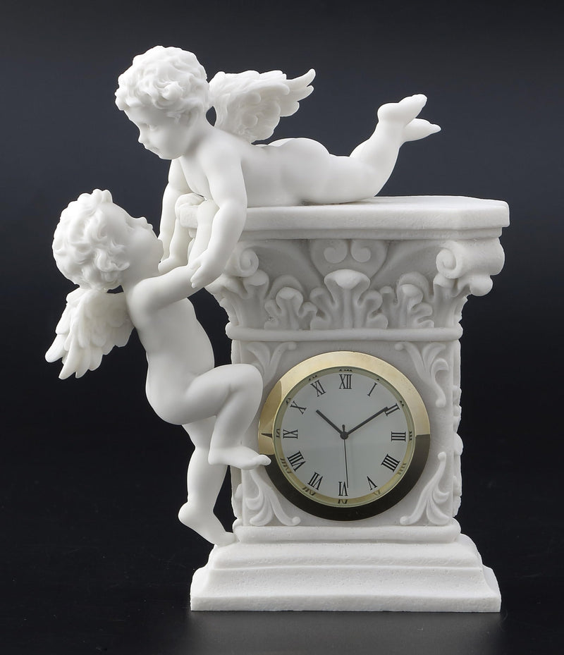 Veronese Design 6 1/2 Inch Cherub Playtime Mantle Clock Resin Sculpture Marble White Finish
