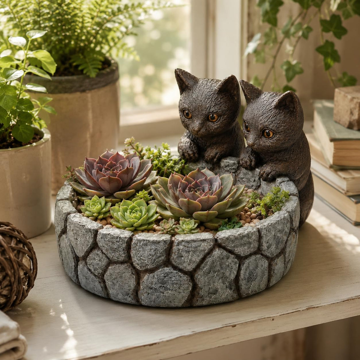 Comfy Hour Farmhouse Home Decor Collection Polyresin Two Cats Succulent Planter Flower Bud Pot Mini Decorative Vase, Small Plant Container