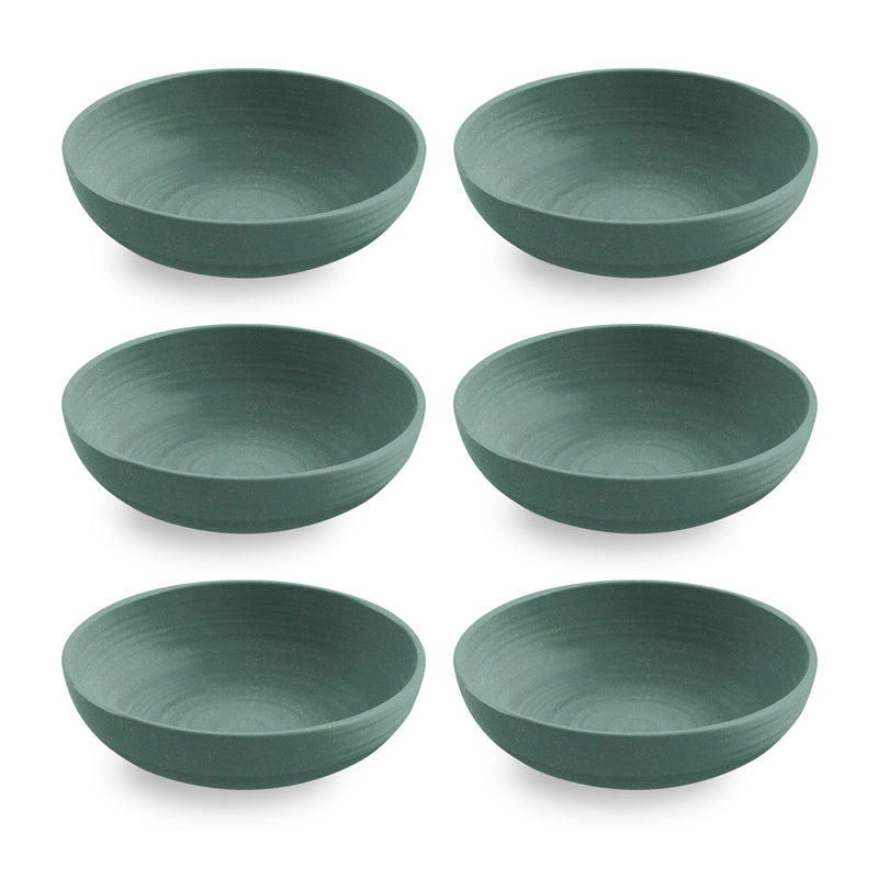 TarHong Planta Artisan Solids Low Bowl, Planta (Majority Plant Based with Melamine Binder), Shatterproof, Indoor/Outdoor Entertaining, Matte Teal, Set of 6