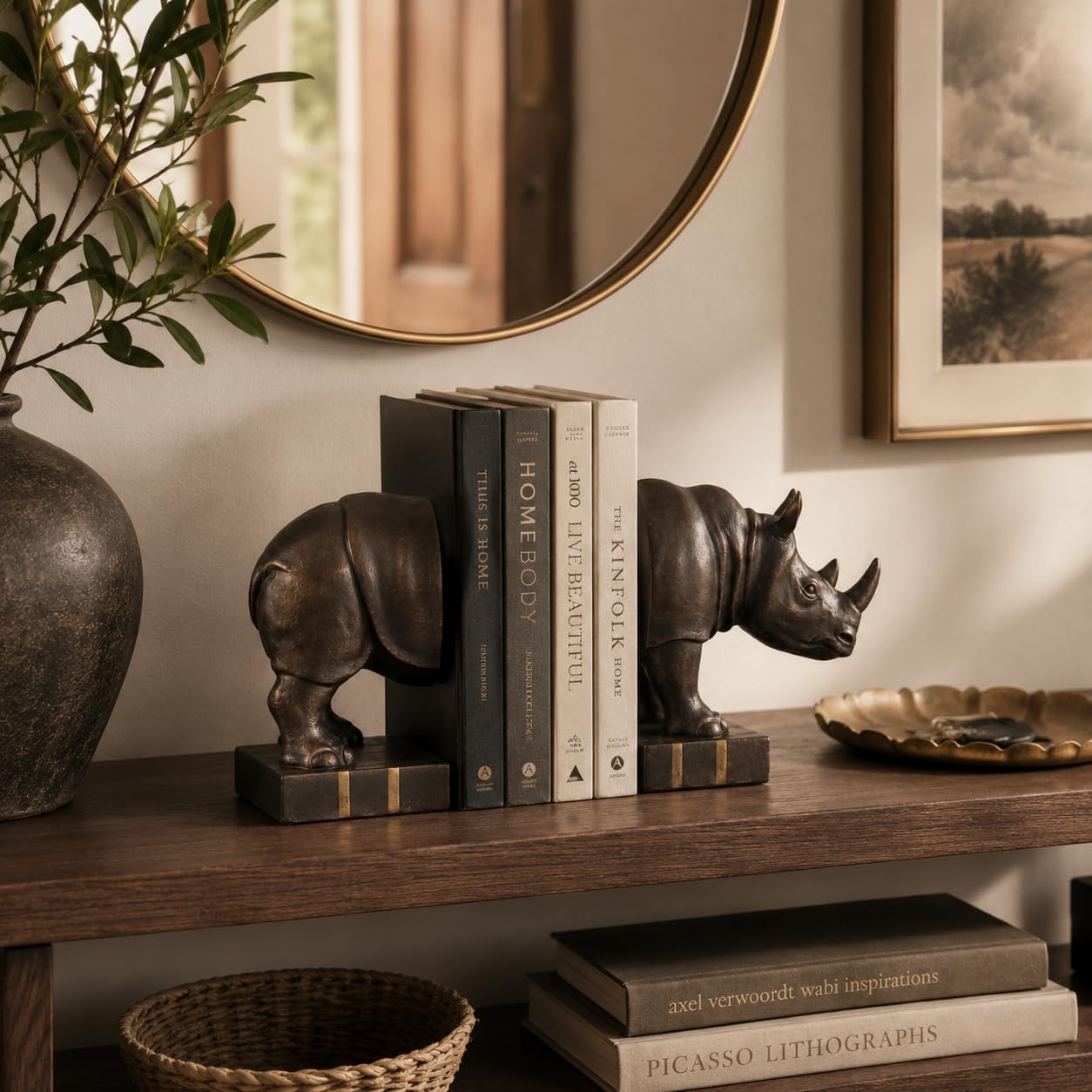 Comfy Hour 7" Length 6" Height Brown Copper Set 2 Rhino Bookends Art Bookend, 1 Pair, Antique Style, Heavy Weight, Bronze, Copper