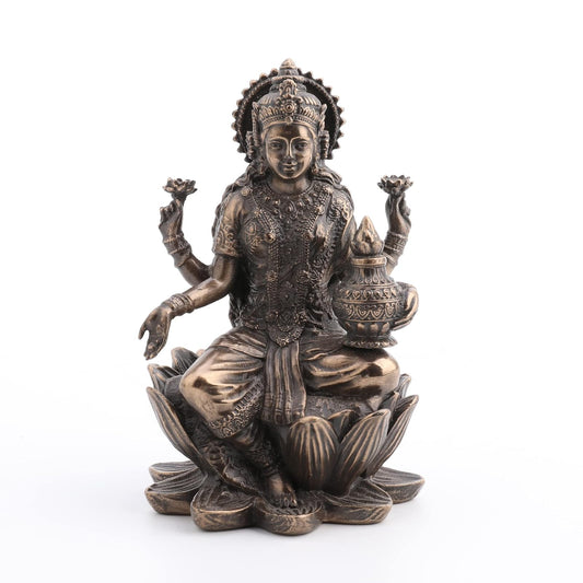 Unicorn Studio Veronese Design 3.3" Hindu God Lakshmi Sitting On Lotus Cast Resin Antique Bronze Finish Statue Fortune Sculpture