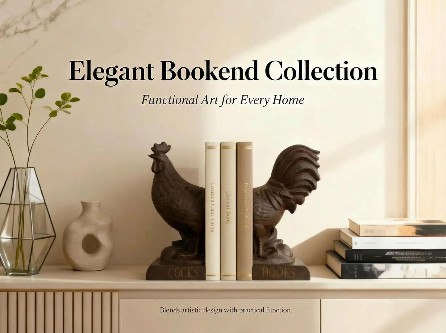 Comfy Hour Farmhouse Home Decor Collection 9" Length 6" Height Set 2 Rooster Design Bookends Art Bookend, 1 Pair, Antique Style, Heavy Weight, Rusty Effect, Polyresin