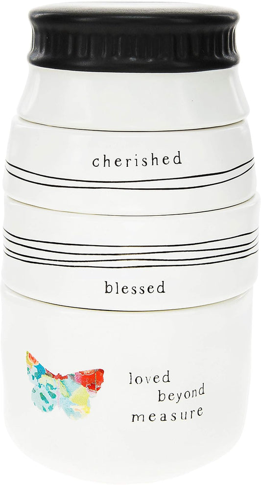 Pavilion Gift Company 87525 Cherished Blessed Loved Beyond 4 Piece Stoneware Stackable Measuring Cup Set, 6", White