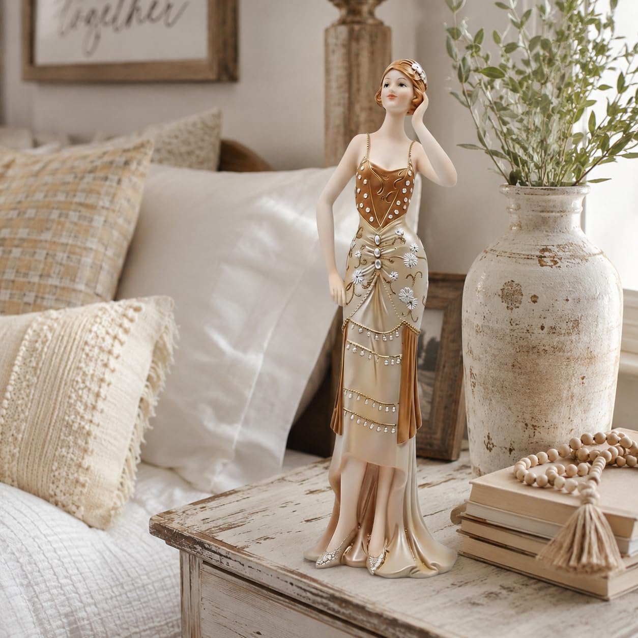 Comfy Hour 13 Inch Victorian Art Deco Lady Figurine, Gold Woman Statue