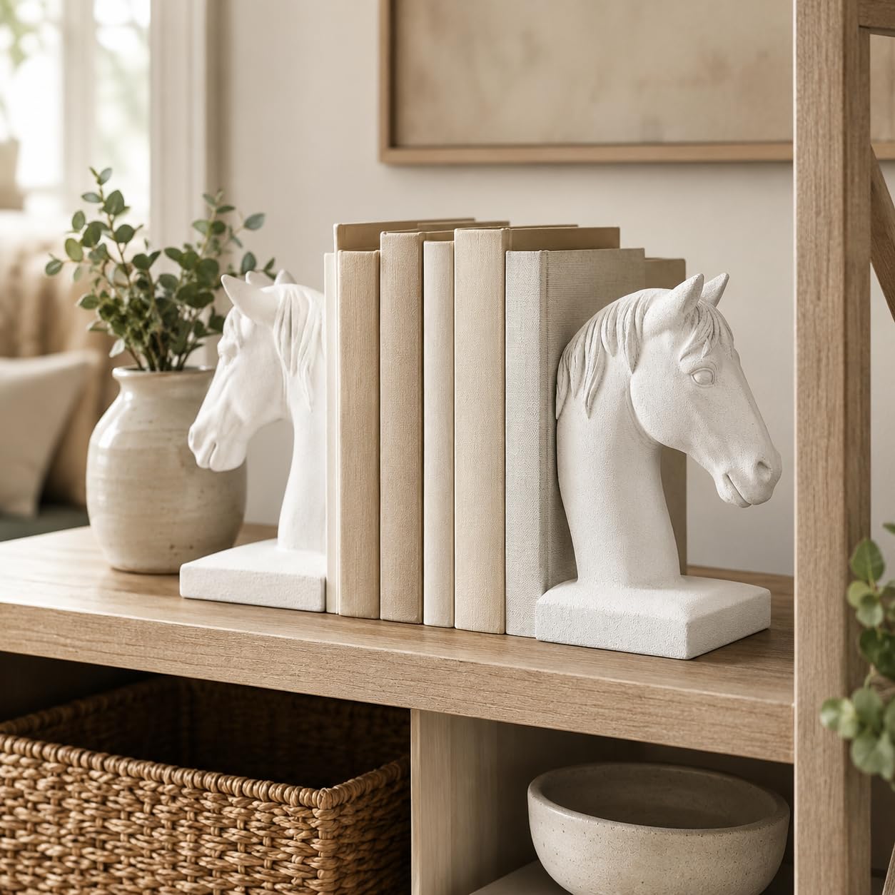 Comfy Hour Farmhouse Home Decor Collection 5" Length 7" Height Set 2 Horse Head Bookends Art Bookend, 1 Pair, Antique Style, Heavy Weight, White, Polyresin
