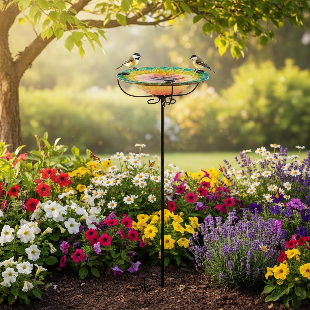 Comfy Hour Bird Meets Garden Bath Collection 28" Chrysanthemum Glass Top Birdbath Birdfeeder Metal Art Garden Stake