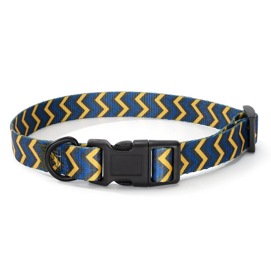 Mile High Life Dog Collar | Cute Puppy Collars | Lightweight Girl Dog Collar | Soft Boy Dog Collars | w Geometric Ocean Wavy Pattern (Blue/Yellow, Small)