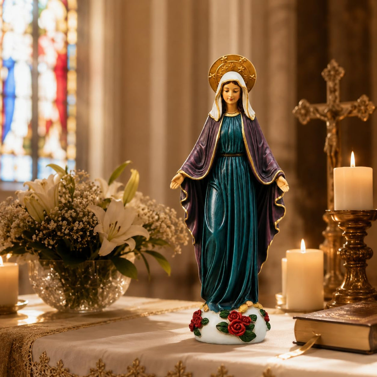 Comfy Hour 9 Inch Mary Statue, Virgin Mary Figurine with Roses