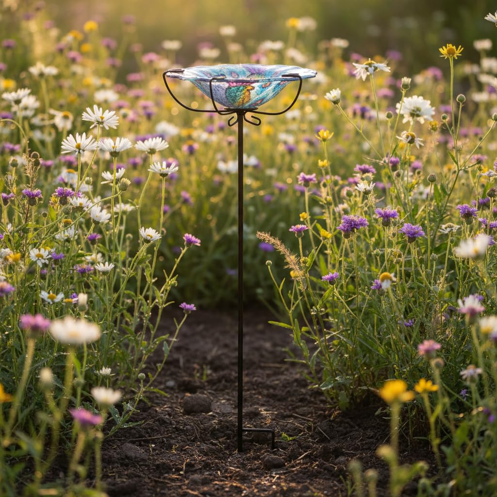 Comfy Hour Peacock Decor Collection 28" Peacock Glass Top Birdbath Birdfeeder Metal Art Garden Stake