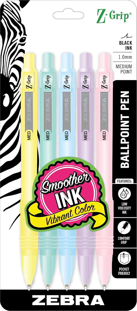 Zebra Pen Z-Grip Pastel Retractable Ballpoint Pen, Assorted Color Barrel, Medium Point, 1.0mm, Black Ink, 5-Pack