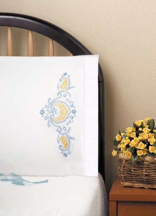 Design Works Crafts Tobin Stamped Pillowcase Pair Stamped Cross Stitch Kit for Embroidery, 20 by 30-Inch, Blue Elegance