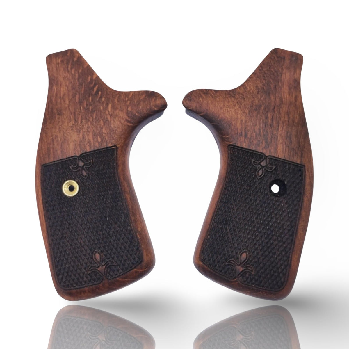 Zib Grips, Revolver J Round Grips Compatible with S&W, Real Wood Gun Grips for Smith & Wesson J Frame Round Butt .38 Special and 9mm / Screw Included (Beech | Brown - Checkered Triangle)