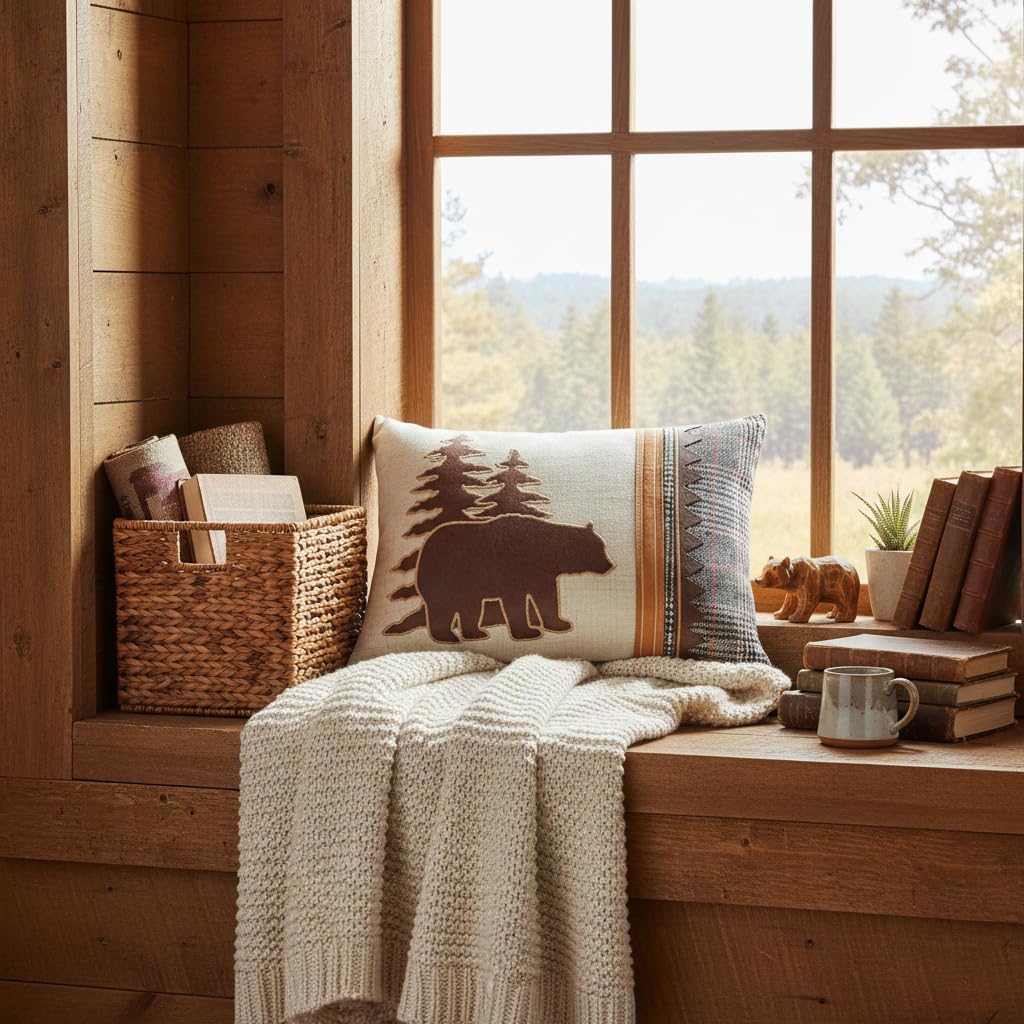 Comfy Hour 18 x 13 Inch Bear Pillow, Plaid Cabin Lumbar Throw Pillow