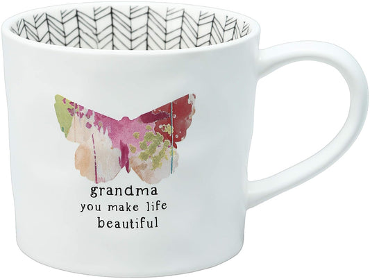 Pavilion Gift Company Grandma You Make Life Beautiful 16 Oz Debossed Butterfly Rainbow Stripe Coffee Cup Mug, White