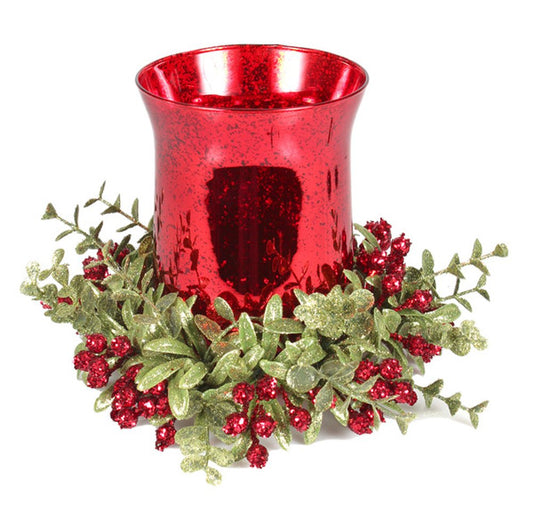 Ganz Kissing Krystals 8 Inch Mistletoe Floral Red Tea Light Glass Candle Holder Set