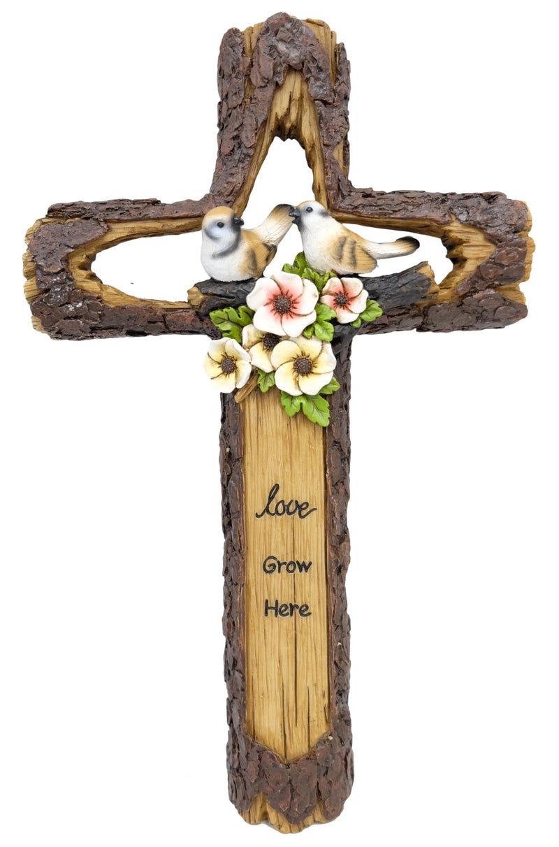 De Leon Collections Polyresin Wood Tree Bark Birds in a Tree Love Inspirational Woodland Accent Hanging Wall Cross Décor