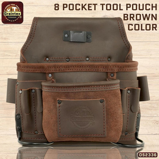 Graintex OS2336 8 Pocket Nail & Tool Pouch Top Grain Oil Tanned Leather for Framers, Constructors, Electricians, Plumbers, Handyman