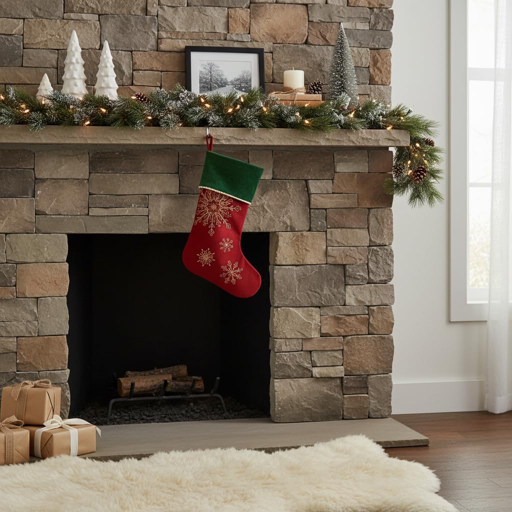 Comfy Hour Winter Holiday Home Collection 20" Winter Christmas Snowflake Stocking Red, Polyester