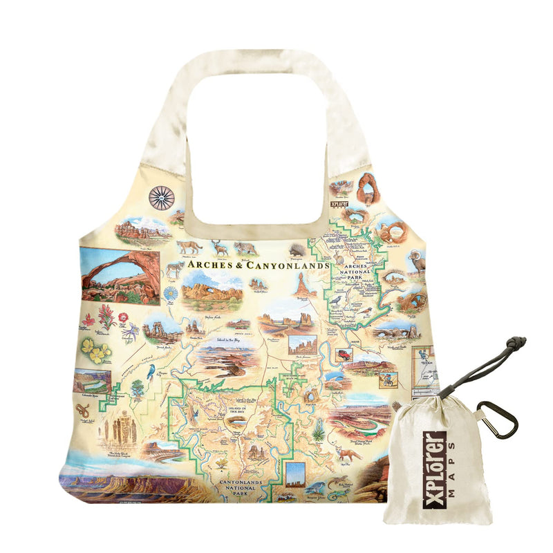 Xplorer Maps Arches and Canyonlands National Park Map Pouch Tote with Handles - Grocery Shopping Bag - Reusable & Eco-friendly - Foldable Nylon - Heavy Duty Fits in Pocket - 18x25