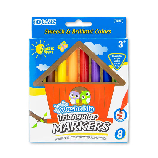 BAZIC 8 Colors Broad Line Jumbo Washable Markers, Triangle Pens, Assorted Colors Marcador Gift for Kids School Art, 1-Pack