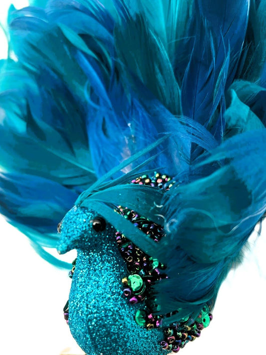 Glittered Peacock Clip Ornament w Feathers 8x9x2 inch by Kurt Adler
