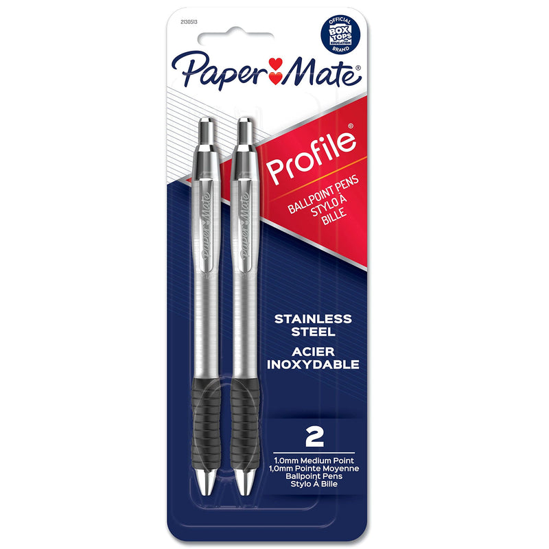 Paper Mate Profile Ballpoint Pens, Retractable Pen with Stainless Steel Barrel, 1.0 mm, Black Ink, 2 Count