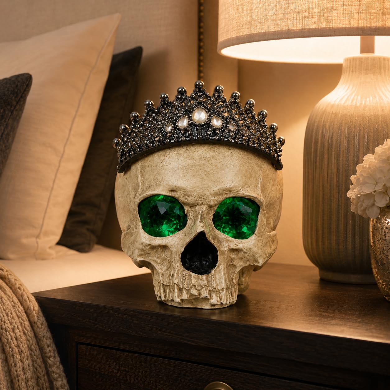 Comfy Hour Fairyland Collection Resin Horrific Human Skull Head Bone Wearing Crown with LED Light in Eyes Statue, Halloween Accent Decor, Polyresin