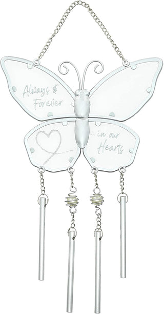 Pavilion Gift Company 99157 Pavilion-11.5" x 6" Butterfly Always & Forever in Our Hearts-Bereavement Loss of Loved One Memorial Gift Windchime, Silver