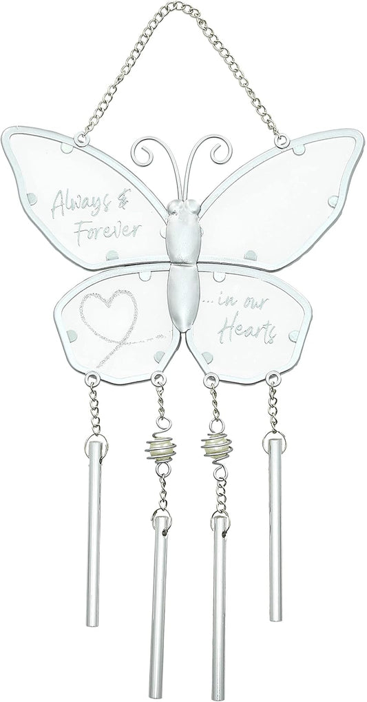 Pavilion Gift Company 99157 Pavilion-11.5" x 6" Butterfly Always & Forever in Our Hearts-Bereavement Loss of Loved One Memorial Gift Windchime, Silver
