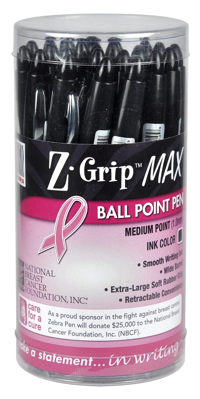 Zebra Pen Z-Grip MAX BOLD Retractable Ballpoint Pen, 1.2mm, Black with Pink Ribbon, 24-Pack (32577)