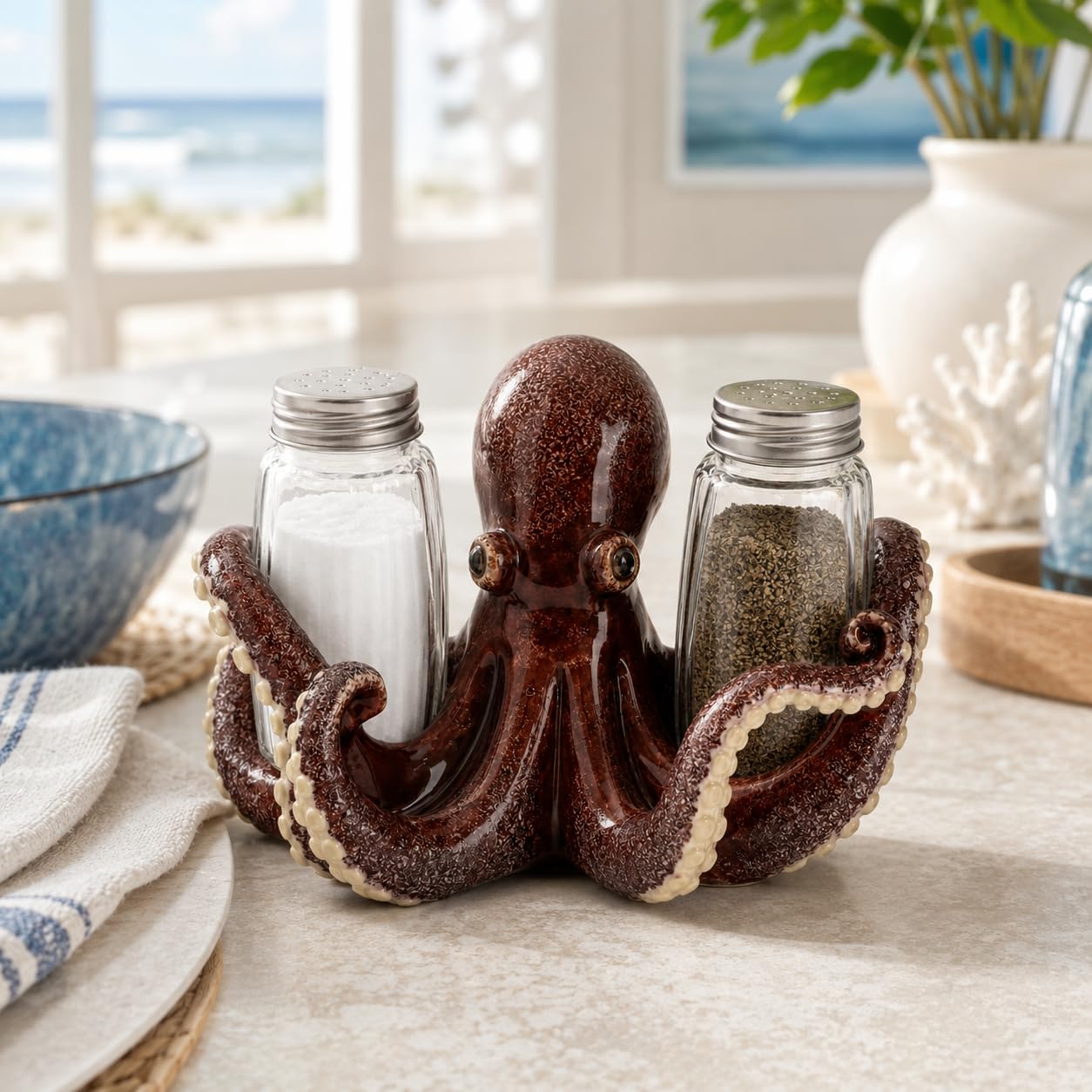 Comfy Hour 6 Inch Octopus Salt and Pepper Shakers, Red Holder