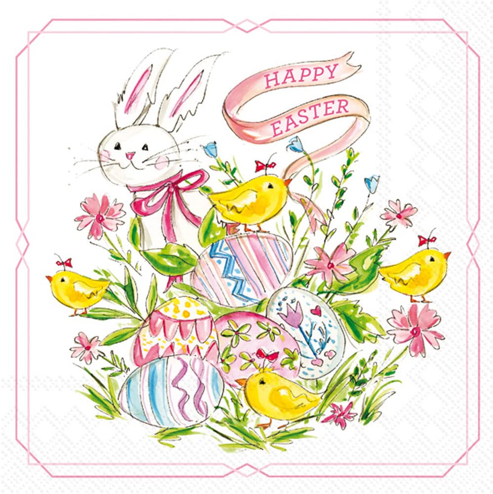 Boston International IHR 3-Ply Paper Napkins Rosanne Beck Collections, 20-Count Lunch Size, Easter Bunny And Chicks