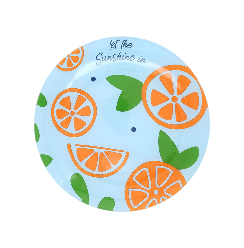 Pavilion - Let The Sunshine In - 8&quot; Round Glass Appetizer Orange Clementine Nectarine Fruit Patterned Serveware Plate