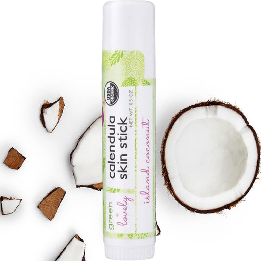 Green+Lovely Calendula Skin Stick Organic Lotion Sticks Moisturizing Balm Ointment Salve Multipurpose Hand Cream Body Bar, 0.5 oz., Island Coconut (2 Tube Set)
