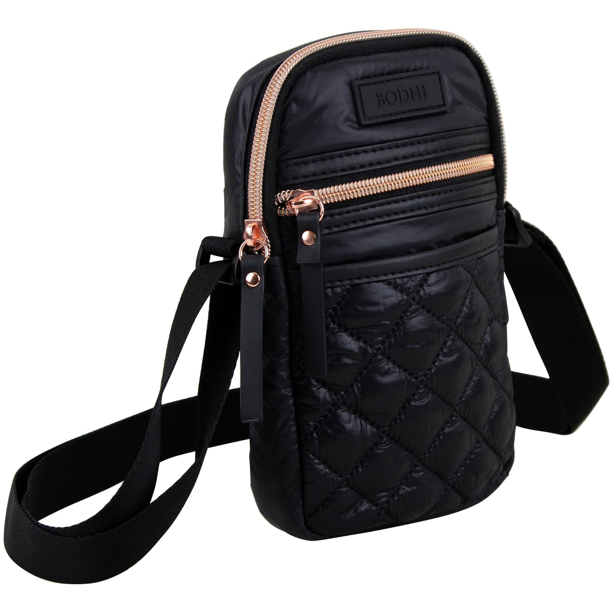 BODHI Handbag, 11.5 x 8 x 5 Inches, Black W/ Rose Gold