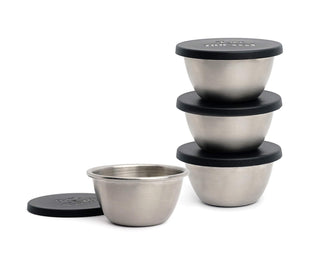 RSVP International Endurance Stainless Steel Cups, 3 oz, Set of 4 | Snug-Fitting BPA-Free Plastic Lids | for Storing Dressing, Dips, Condiments, Herbs, and Spices, Stainless
